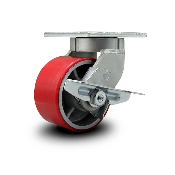 6 Inch Heavy Duty Red Poly on Cast Iron Caster with Brake and Swivel Lock SCC